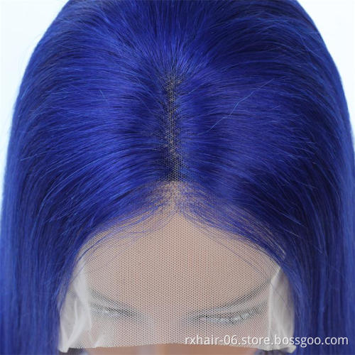 High Quality Top Sale Silk Base Short Blue Color Bob Wig Straight 13x4 Lace Front Human Hair Ombre Wigs